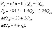 <strong>refer to the following: -What are the profit-maximizing levels of output for the two goods?</strong> A) = 30, = 34 B) = 63, = 66 C) =142,63, = 110 D) = 191, = 163