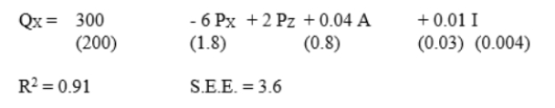 Just The Fax, Inc. (JTF) has hired you as a consultant to analyze the demand for its line of telecommunications devices in 35 different market areas. The available data set includes observations on the number of thousands of units sold by JTF per month (Q<sub>X</sub>), the price per unit charged by JTF (P<sub>X</sub>), the average unit price of competing brands (P<sub>Z</sub>), monthly advertising expenditures by JTF (A), and average gross sales (in $1,000) of businesses in the market area (I). The results of a regression analysis (with standard errors in parenthesis) are given below. (i) Evaluate the statistical significance of the equation as a whole and of each of its coefficients. (ii) The average values of the independent variables in the data set used to estimate the equation are P<sub>X</sub> = $195, P<sub>Z</sub> = $225, A = $11,000, and I = $200,000. Calculate a point estimate of JTF's average sales and a 95% interval estimate of sales based on these values.