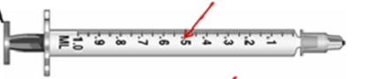 <strong>Calculate the amount to administer and choose the correctly marked syringe: syringe _______________. Ordered: Lanoxin 0.125 mg deep IM massage stat On hand: Lanoxin 0.25 mg/mL</strong> A)   B)   <div style=padding-top: 35px> 