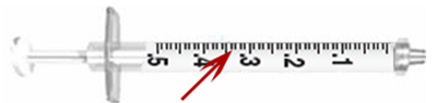 <strong>Calculate the amount to administer and choose the correctly marked syringe: syringe _______________. Ordered: Heparin sodium 3,000 units deep subcut q8h On hand: Heparin 10,000 units/mL</strong> A)   B)   <div style=padding-top: 35px> 