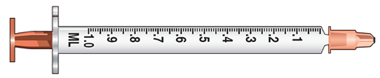 <strong>The amount to deliver is 1 mL. Select the correct syringe: _______________.</strong> A)   B)   C)   <div style=padding-top: 35px> 