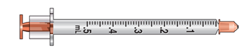 <strong>The amount to deliver is 0.5 mL. Select the correct syringe: _______________.</strong> A)   B)   C)   <div style=padding-top: 35px> 