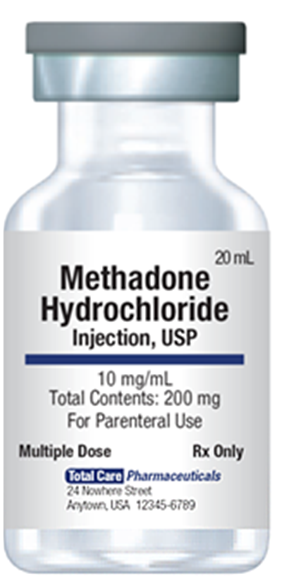 <strong>What is the total amount of medication in this container of methadone hydrochloride? </strong> A) 10 mg B) 10 mL C) 20 mL D) 200 mg