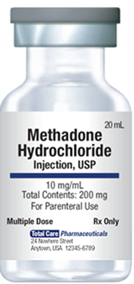<strong>Referring to the label, what is the usual dose for methadone hydrochloride? </strong> A) 10 mg B) The usual dose is not listed on the label. C) 20 mL D) 200 mg