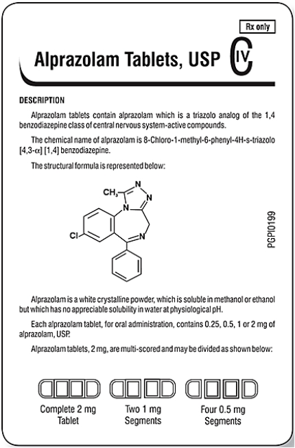 According to this package insert, an Alprazolam 2 mg tablet can be divided into a maximum of _______________ parts if necessary to deliver a prescribed amount of medication.