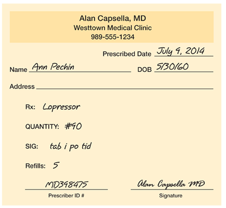<strong>What necessary information is missing from this prescription? </strong> A) dose B) frequency C) route of administration D) none; the information is complete