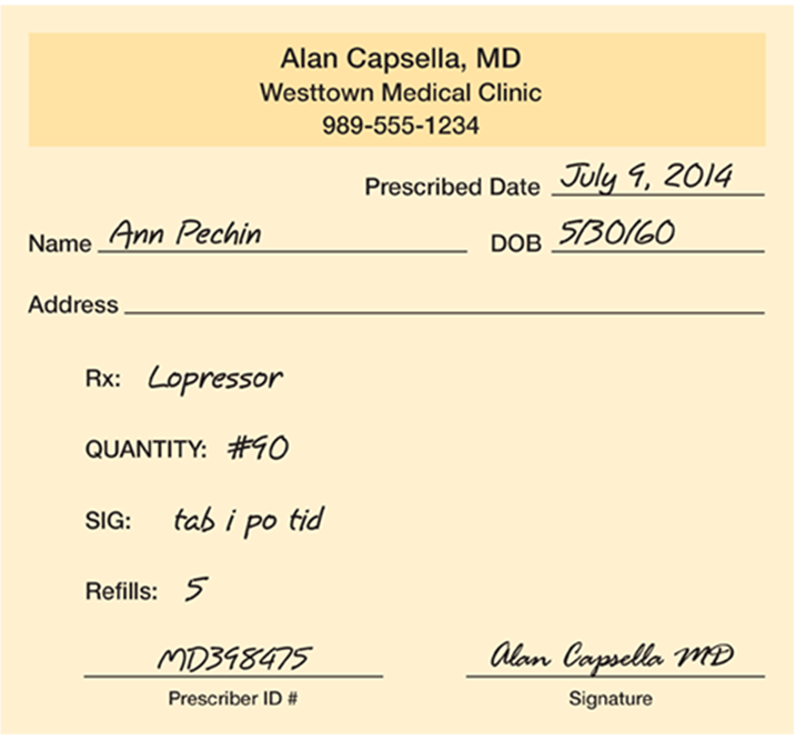 <strong>What is the name of the medication indicated on this prescription? </strong> A) Pechin B) Lopressor C) Tab i D) MD398475