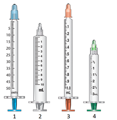 <strong>What type of syringe is number 4?  </strong> A) standard syringe B) tuberculin syringe C) insulin syringe D) large-capacity syringe <div style=padding-top: 35px> 