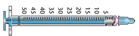 <strong>What is the dosage of the medication in this syringe?  </strong> A) 5 units B) 1 unit C) 0.1 mL D) 1 mL <div style=padding-top: 35px> 