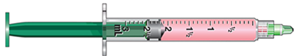 <strong>What is the dosage in this syringe?  </strong> A) 2 mL B) 2.5 mL C) 2.2 mL D) 2.7 mL <div style=padding-top: 35px> 