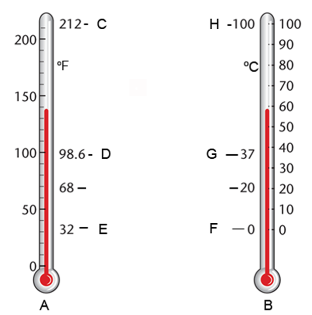 <strong>Which letter indicates the boiling temperature of water on the Fahrenheit thermometer? </strong> A) D B) G C) C D) A