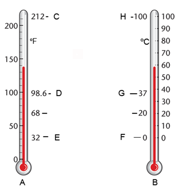 <strong>The freezing temperature of water on the Celsius scale is indicated by letter: </strong> A) F B) A C) H D) E