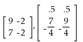 Determine whether the two matrices are inverses of each other by computing their product. -