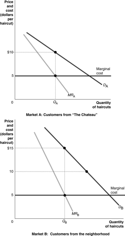 <strong> Chantal owns a hairdressing salon which caters to two main groups of customers: residents of The Chateau, a retirement community, and other residents in the neighborhood. Figure 15-17 shows the demand curves for the residents of the retirement community, labeled Market A, and other residents in the neighborhood, labeled Market B. The demand curves are not identical. -Refer to Figure 15-17. Suppose the salon price discriminates. What prices are charged in the two markets?</strong> A) price in market A = price in market B = $15 B) price in market A = $10; price in market B = $15 C) price in market A = price in market B = $5 D) price in market A = price in market B = $10