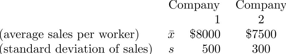 Table 2 Two companies have the following sales results for a particular month. -Use the data in Table 2 to solve the following: A salesperson with \$ 6000 of sales has lower sales relative to the mean in which of the two companies?