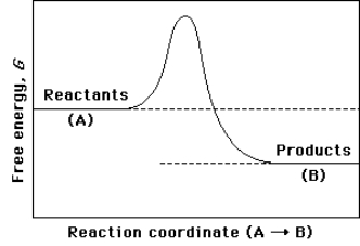 (a)On the reaction coordinate diagram shown below,label the transition state and the overall free-energy change ( \Delta G)for the uncatalyzed reaction A \rightarrow B. (b)Is this an exergonic or endergonic reaction? (c)Draw a second curve showing the energetics of the reaction if it were enzyme-catalyzed.