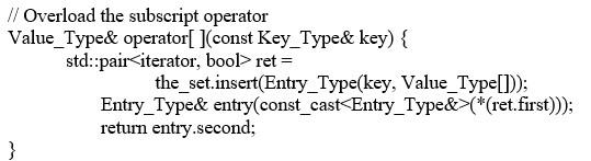 <strong>Which of the following lines corrects the error in the Map class function?  </strong> A) Value_Type operator[ ](const Key_Type& key) B) Value_Type& operator( )(const Key_Type& key) C) std::pair<iterator, bool> ret = the_set.insert(Entry_Type(key, Value_Type())); D) std::pair<iterator, bool> ret = the_set.insert(Entry_Type(key, ())); <div style=padding-top: 35px> 