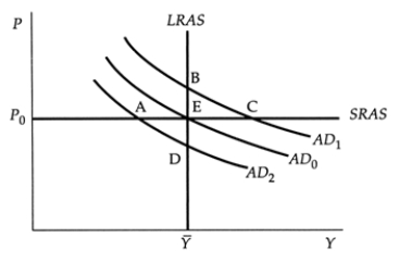 <strong>Use the following to answer questions : Exhibit: Shift in Aggregate Demand (Exhibit: Shift in Aggregate Demand) In this graph, initially the economy is at point E, with price P<sub>0</sub> and output Y. Aggregate demand is given by curve AD<sub>0</sub>, and SRAS and LRAS represent, respectively, short-run and long-run aggregate supply. Now assume that the aggregate demand curve shifts so that it is represented by AD<sub>1</sub>. The economy moves first to point ______ and then, in the long run, to point ______.</strong> A) A; D B) D; A C) C; B D) B; C