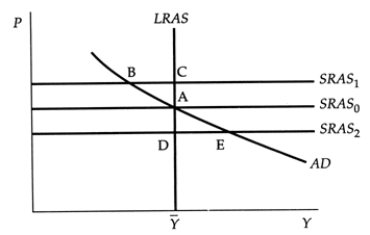 <strong>Use the following to answer questions : Exhibit: Supply Shock (Exhibit: Supply Shock) Assume that the economy is at point E. With no further shocks or policy moves, the economy in the long run will be at point:</strong> A) A. B) B. C) C. D) D.