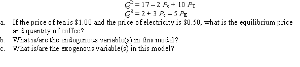 The quantity of coffee demanded, Q<sup>D</sup>, depends on the price of coffee, P<sub>c</sub>, and the price of tea, P<sub>T</sub>. The quantity of coffee supplied, Q<sup>S</sup>, depends on the price of coffee, P<sub>c</sub>, and the price of electricity, P<sub>E</sub> , according to the following equation: