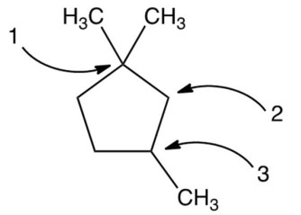 Carbon atoms 1,2 , and 3 in the following structure are classified, respectively, as  
