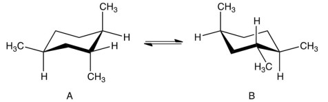  Which statement is correct concerning the relative stabilities of the two conformations,  \mathrm{A}  and  \mathrm{B} , below?   