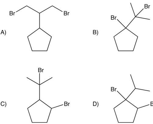 Dibromination of isopropylcyclopentane gives a product which can be isolated in good yields. Which of the following would you predict to be this product?