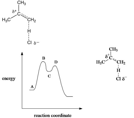 Which point on the potential energy diagram corresponds to the species below for the reaction of 2methylpropene with hydrogen chloride?