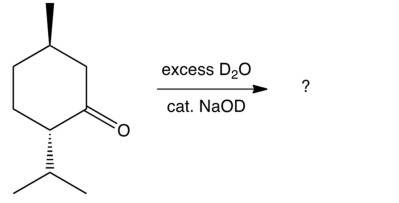 What would result from treating (-)-menthone with basic \mathrm{D}_{2} \mathrm{O} ?