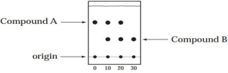 A student is following a reaction (the conversion of compound A to Compound B) by TLC. Aliquots of the reaction mixture are taken and analyzed at time = 0, 10, 20, and 30 min. The TLC plate, developed in 90% hexanes-10% ethyl acetate, is shown below. (a) Which is the more polar compound, A or B? (b) Is the reaction complete at 10 min? 20 min? 30 min? (c) How can the identity of Compound B be verified by TLC?