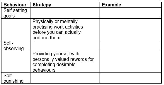 Visual Diagram Questions (These diagrams can be used to test understanding of concepts rather than mere recollection. The provision of the diagrams removes the pressure to remember but does draw on the ability to explain a visual image. Instructors should take care if using a mix of other questions with visual diagram questions to ensure that the diagram does not provide answers to other questions in a test or exam.) -The following chart shows behaviour-focused strategies for self-management. a) Fill in the gaps. b) Give an example of each.  <div style=padding-top: 35px> 
