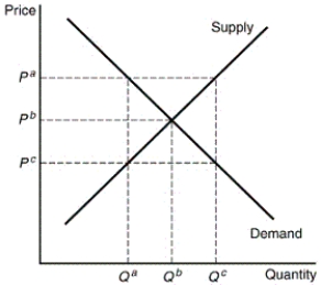 <strong>In the following figure,there will be an excess supply at any price: </strong> A) above P<sup>b</sup>. B) below P<sup>b</sup>. C) other than P<sup>b</sup>. D) below P<sup>a</sup>. E) above P<sup>c</sup>.