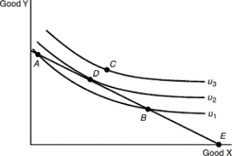 <strong>Mary's indifference map and budget constraint for goods X and Y are shown below.If Mary spends all her money on X and Y,which bundle will she choose to maximize her utility? </strong> A) A. B) B. C) C. D) D. E) E.