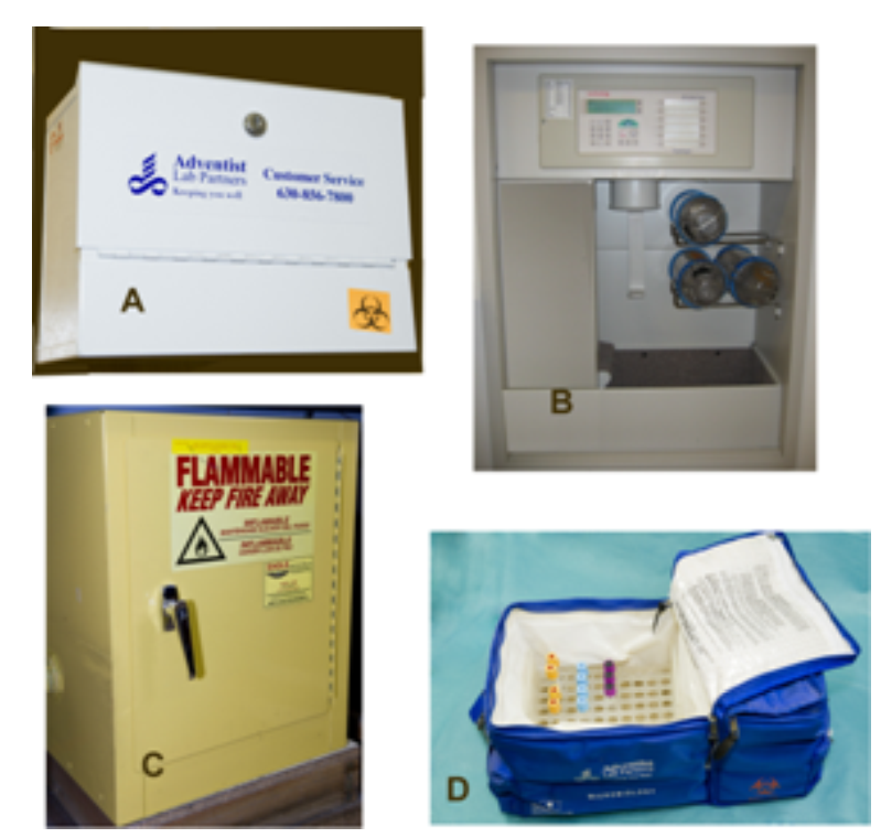 <strong> A laboratory courier is picking up specimens from a client after business hours. Which image represents the specimen storage container that he would look for?</strong> A) Image A B) Image B C) Image C D) Image D