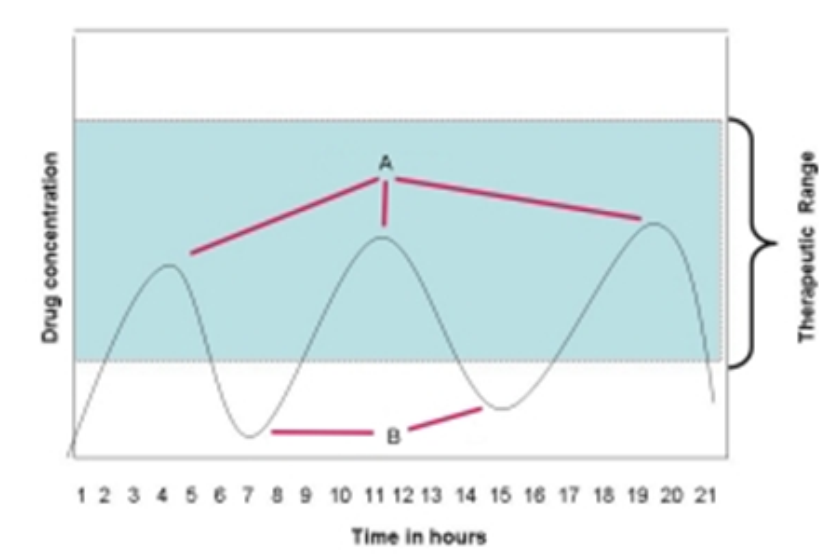 <strong> -In this image, what is represented by the times labeled as A? (choose all that apply) i. timing midway between doses of a drug ii. timing just before the next dose is given iii. drug level at its highest serum concentration iv. drug level at its lowest serum concentration</strong> A) i and ii B) ii and iv C) i and iii D) ii and iii