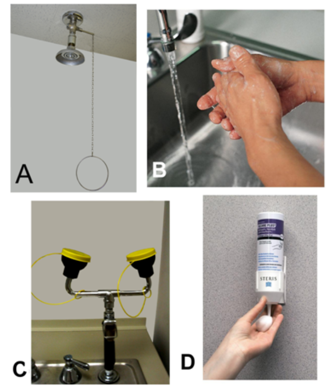 <strong> -While transferring a specimen from the collection container to a transport container for shipping, the phlebotomist splashed the specimen in her eyes. Which image best represents what should occur next?</strong> A) Image A B) Image B C) Image C D) Image D