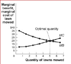 Figure: The Optimal Quantity (Figure: The Optimal Quantity) Look at the figure The Optimal Quantity.If the demand for lawn-mowing increased, the ________ curve in the figure would shift to the and the optimal quantity would be five lawns mowed. A.marginal benefit; right; more than B.marginal cost; right; fewer than C.marginal benefit; left; fewer than D.marginal cost; left; more than