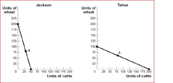 Figure: The Production Possibility Frontiers for Jackson and Tahoe (Figure: The Production Possibility Frontiers for Jackson and Tahoe) Look at the figure The Production Possibility Frontiers for Jackson and Tahoe.In autarky, Jackson produces and consumes 30 head of cattle and 80 bushels of wheat, while Tahoe produces and consumes 80 head of cattle and 60 bushels of wheat.If both nations specialize completely in the good of their comparative advantage and Jackson exports 120 bushels of wheat to Tahoe in exchange for 60 head of cattle, then the new consumption point for Jackson after trade is bushels of wheat and head of cattle. A.120; 30 B.120; 60 C.80; 60 D.200; 100