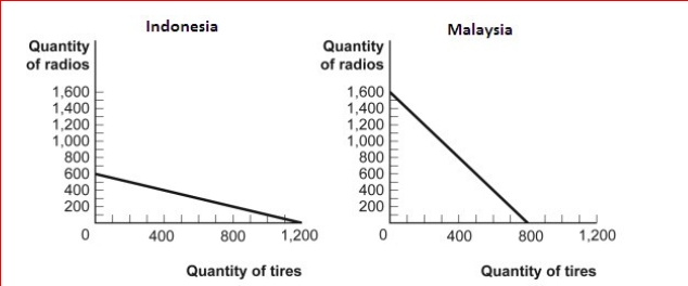 Figure: The Production Possibilities for Two Countries (Figure: The Production Possibilities for Two Countries) Look at the figure The Production Possibilities for Two Countries.The opportunity cost of producing 1 tire in Indonesia is ________ radio(s), while the opportunity cost of producing 1 tire in Malaysia is radio(s). A.1/2; 2 B.2; 1 C.600; 800 D.800; 1,200
