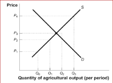 Figure: Supply and Demand in Agriculture (Figure: Supply and Demand in Agriculture) Look at the figure Supply and Demand in Agriculture.If the equilibrium price for wheat is as shown in the graph, how could the government help increase farmers' income? A.A price floor could be set at P₄, causing a surplus of Q₃ - Q0. B.A price floor could be set at P₂, causing a surplus of Q₂ - Q0. C.A price ceiling could be set at P₄, causing a surplus of Q₂ - Q₁. D.A price floor could be set at P₁, causing a shortage of Q₃ - Q0.