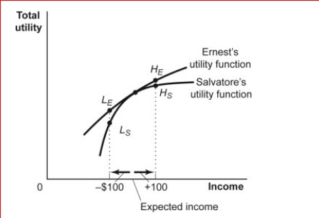 <strong>Figure: Differences in Risk Aversion     (Figure: Differences in Risk Aversion) Look at the figure Differences in Risk Aversion.An important reason Ernest and Salvatore may differ in their aversion to risk is that they may differ in:</strong> A)how their marginal utility is affected by income. B)their understanding of risk. C)their initial wealth holding or initial income level. D)how their marginal utility is affected by income and in their initial wealth holding or initial income level. <div style=padding-top: 35px> 