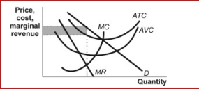 Figure: Monopolistic Competition IV (Figure: Monopolistic Competition IV) The monopolistic competitor in the figure Monopolistic Competition IV is producing at the output level that maximizes profits (minimizes losses).The shaded rectangle depicts the level of: