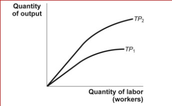 <strong>Figure: Change in the Total Product (Figure: Change in the Total Product) Look at the figure Change in the Total Product.The figure shows a production function that moves from TP₁ to TP₂.Which of the following choices is a likely cause of this shift?</strong> A)Workers in the firm are less productive on average. B)The firm employed more of a variable input in the short run. C)The firm has suffered a decrease in available technology. D)The firm employed more of a fixed input in the long run.