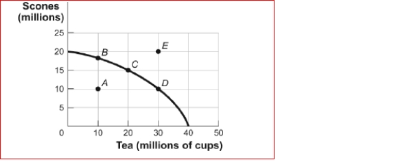 Figure: Production Possibility Frontier Curve for Tealand (Figure: Production Possibility Frontier for Tealand) Look at the figure Production Possibility Frontier for Tealand.In the figure, Tealand can produce at point E only if the government: A.eliminates unemployment. B.raises taxes. C.permits more immigration. D.increases the cost of production by decreasing the use of technology.
