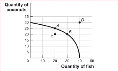 Figure: Tom's Production Possibilities (Figure: Tom's Production Possibilities) Look at the figure Tom's Production Possibilities.In the figure, which of the point or points represents the combination of coconuts and fish feasible for Tom to produce at this time? A.A only B.A and B C.A, B, and C D.D only