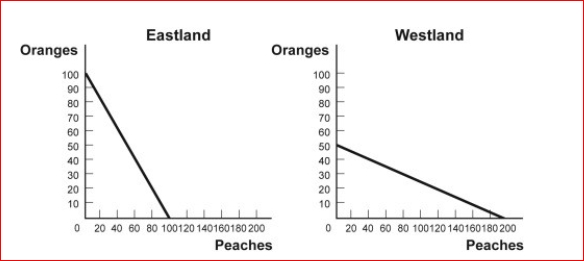 Figure: Comparative Advantage Eastland and Westland produce only two goods, boxes of peaches and boxes of oranges, and this figure shows each nation's production possibility frontier for the two goods.     (Figure: Comparative Advantage) Look at the figure Comparative Advantage.Eastland has an absolute advantage in producing:  A.oranges only. B.peaches only. C.both oranges and peaches. D.neither oranges nor peaches.