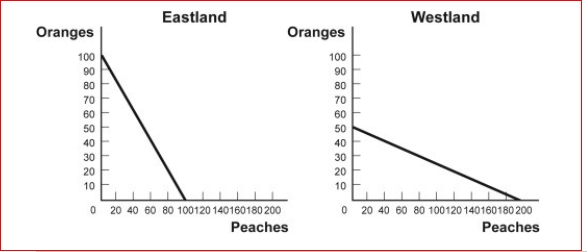 Figure: Comparative Advantage Eastland and Westland produce only two goods, boxes of peaches and boxes of oranges, and this figure shows each nation's production possibility frontier for the two goods. (Figure: Comparative Advantage) Look at the figure Comparative Advantage.The opportunity cost of producing 1 box of oranges for Eastland is: A.1 box of peaches. B.1/4 box of peaches. C.4 boxes of peaches. D.10 boxes of peaches.