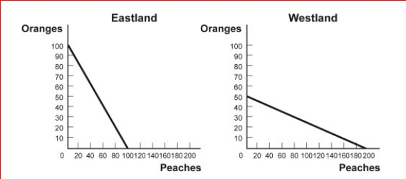 Figure: Comparative Advantage Eastland and Westland produce only two goods, boxes of peaches and boxes of oranges, and this figure shows each nation's production possibility frontier for the two goods. (Figure: Comparative Advantage) Look at the figure Comparative Advantage.Eastland has a comparative advantage in producing: A.oranges only. B.peaches only. C.both oranges and peaches. D.neither oranges nor peaches.