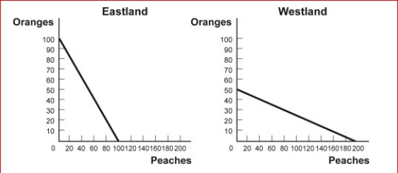 Figure: Comparative Advantage Eastland and Westland produce only two goods, boxes of peaches and boxes of oranges, and this figure shows each nation's production possibility frontier for the two goods. (Figure: Comparative Advantage) Look at the figure Comparative Advantage.Westland has a comparative advantage in producing: A.oranges only. B.peaches only. C.both oranges and peaches. D.neither oranges nor peaches.