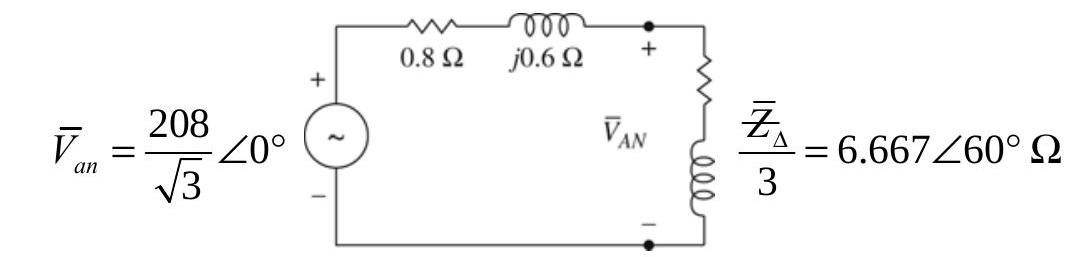  (a)     Using voltage division:  \bar{V}_{A N}=\bar{V}_{a n} \frac{\bar{Z}_{\Delta} / 3}{\left(Z_{\Delta} / 3\right)+\bar{Z}_{L I N E}}   \bar{V}_{A N}=\frac{208}{\sqrt{3}} \frac{6.667 \angle 60^{\circ}}{6.667 \angle 60^{\circ}+(0.8+j 0.6)}=105.4 \angle 2.96^{\circ} \mathrm{V}  Load voltage  V_{A B}=\sqrt{3} 105.4=182.6 \mathrm{~V}(\mathrm{~L}-\mathrm{L})  (b)      \begin{aligned} & \bar{V}_{A N}=\bar{V}_{a n} \frac{\bar{Ƶ}_{e q}}{\bar{Ƶ}_{e q}+\bar{Ƶ}_{L I N E}} ; \bar{Ƶ}_{e q}=\left(6.667 \angle 60^{\circ}\right) \|(-j 6.667) \\ & =12.88 \angle-15^{\circ} \Omega \\ & \bar{V}_{A N}=\left(\frac{208}{\sqrt{3}} \angle 0^{\circ}\right)\left[\frac{12.88 \angle-15^{\circ}}{\left(12.88 \angle-15^{\circ}\right)+0.8+j 0.6}\right]=114.4 \angle-3.35^{\circ} \mathrm{V} \end{aligned}  The load line to line voltage is  V_{A B}=\sqrt{3} 114.4=198.1 \mathrm{~V}